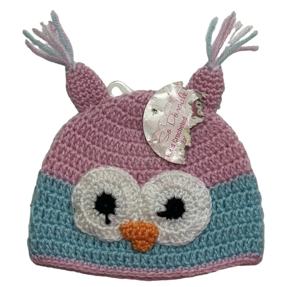 SO DORABLE Hand Crocheted Owl Bird Baby Winter Hat 0-6‎ Mos. Multi Beanie Boggan